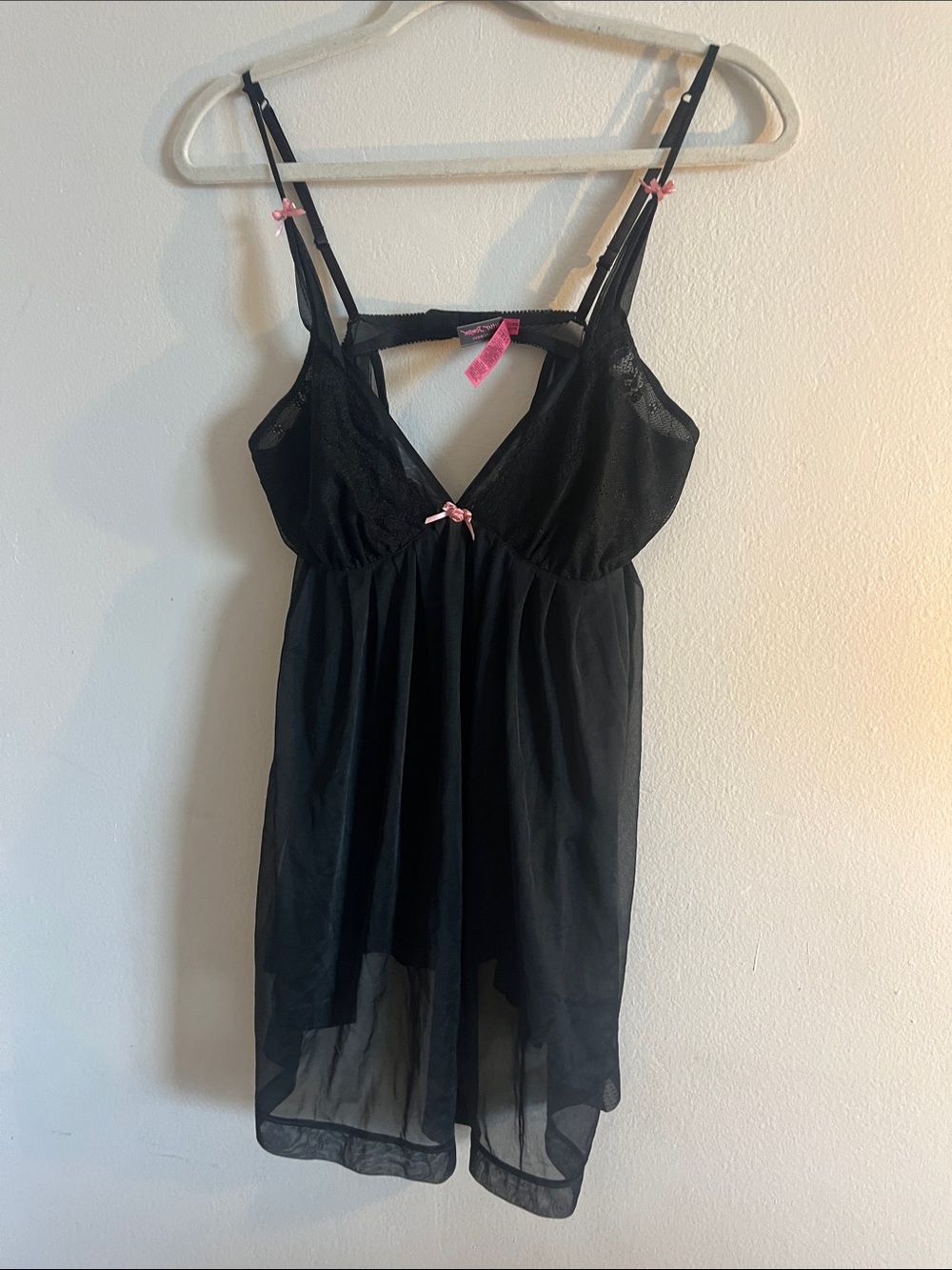 Betsey Johnson Black Sheer Babydoll Chemise with Pink Ribbon Accents
